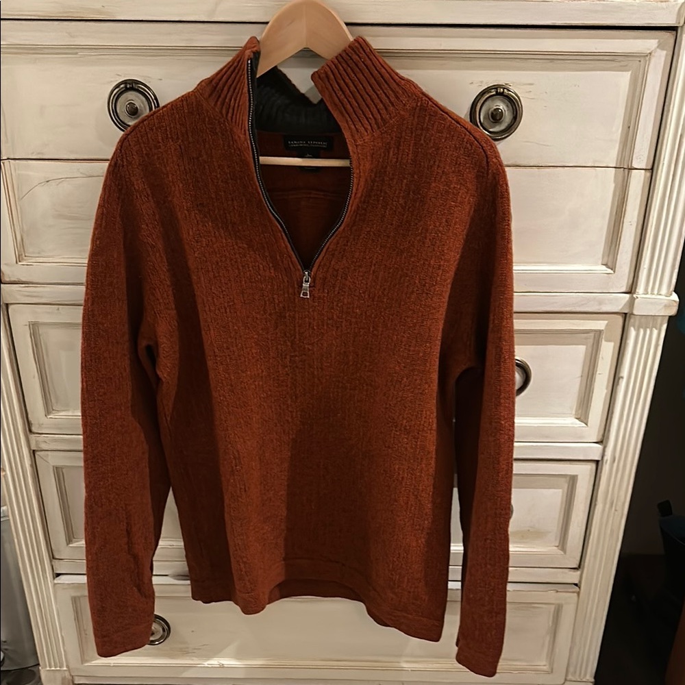 Banana Republic Lambswool Cashmere Rust Zip Up Sweater with Elbow Patches